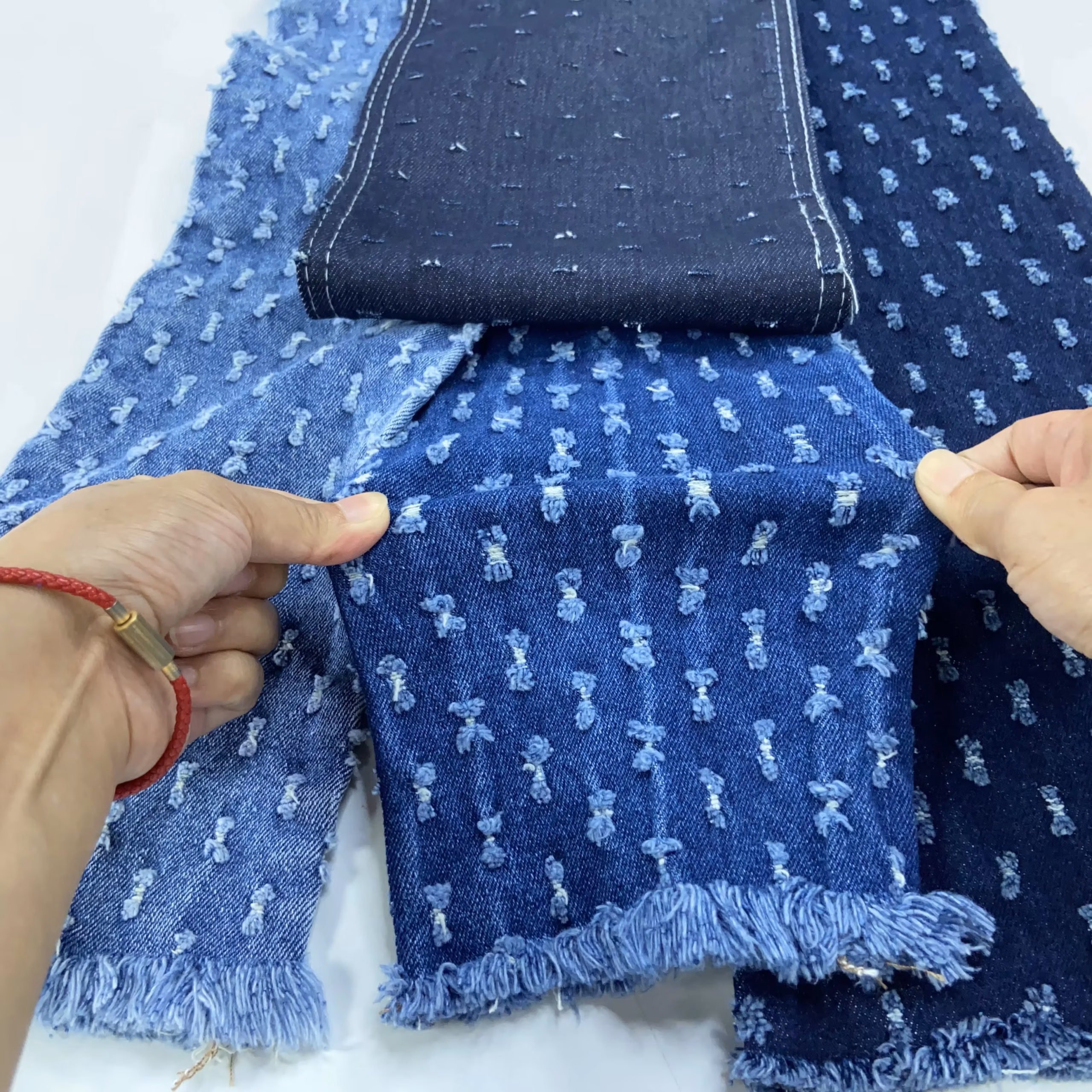 Design Elastic Jacquard Printed Distressed Denim Fabric for Pants Clothes